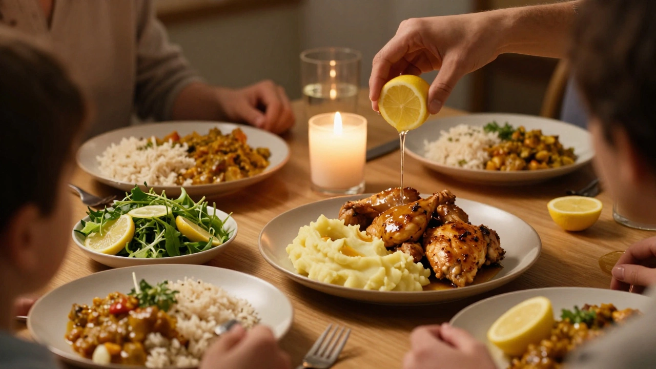 Rodinné večeře s kuřecími kousky, rýží a zeleninovým salátem.