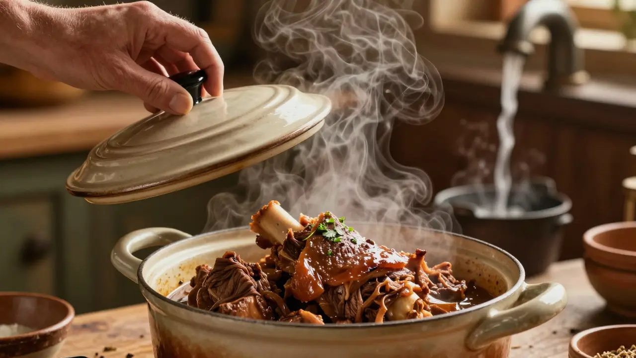 Ruce odstraňující víčko z hrnce s dušeným hovězím pečením, pára se vznáší do vzduchu.