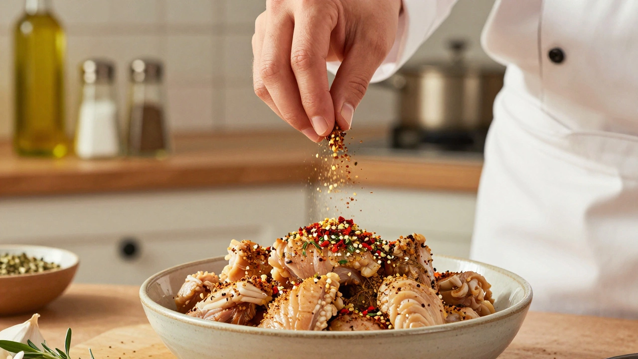 Ruce promíchávají kuřecí kousky se směsí koření v míse.