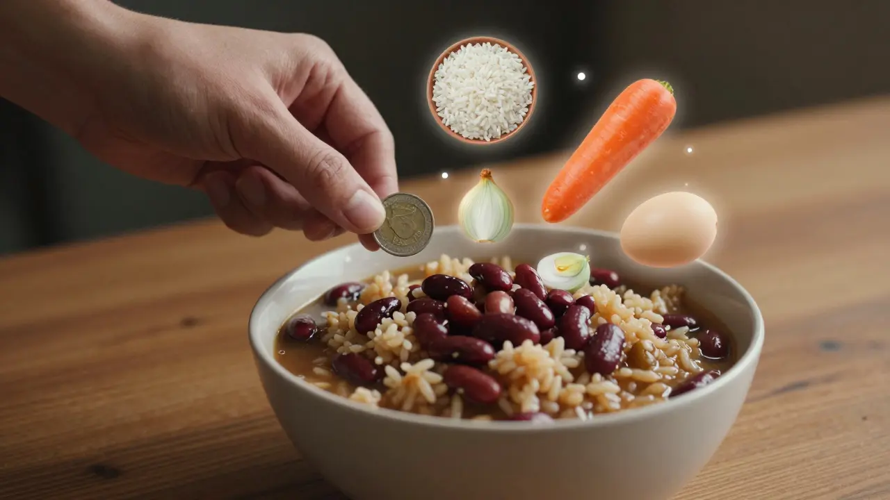 Ruka klade minci vedle hrnku fazolí s rýží, kolem nich průhledné obrazy surovin.