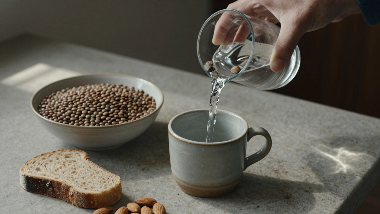 Ruka nalévá vodu do sklenice vedle čočky, celozrnného chleba a ořechů na dřevěné desce.