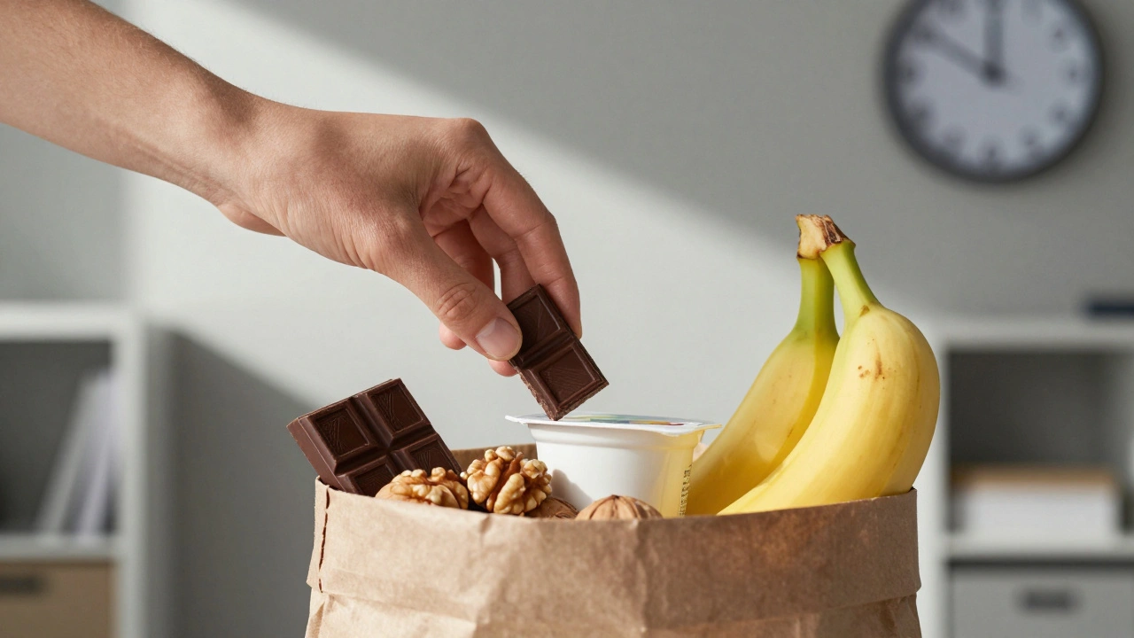 Ruka s přenosnými zdravými svačinami: čokoláda, ořechy, jogurt a banán.