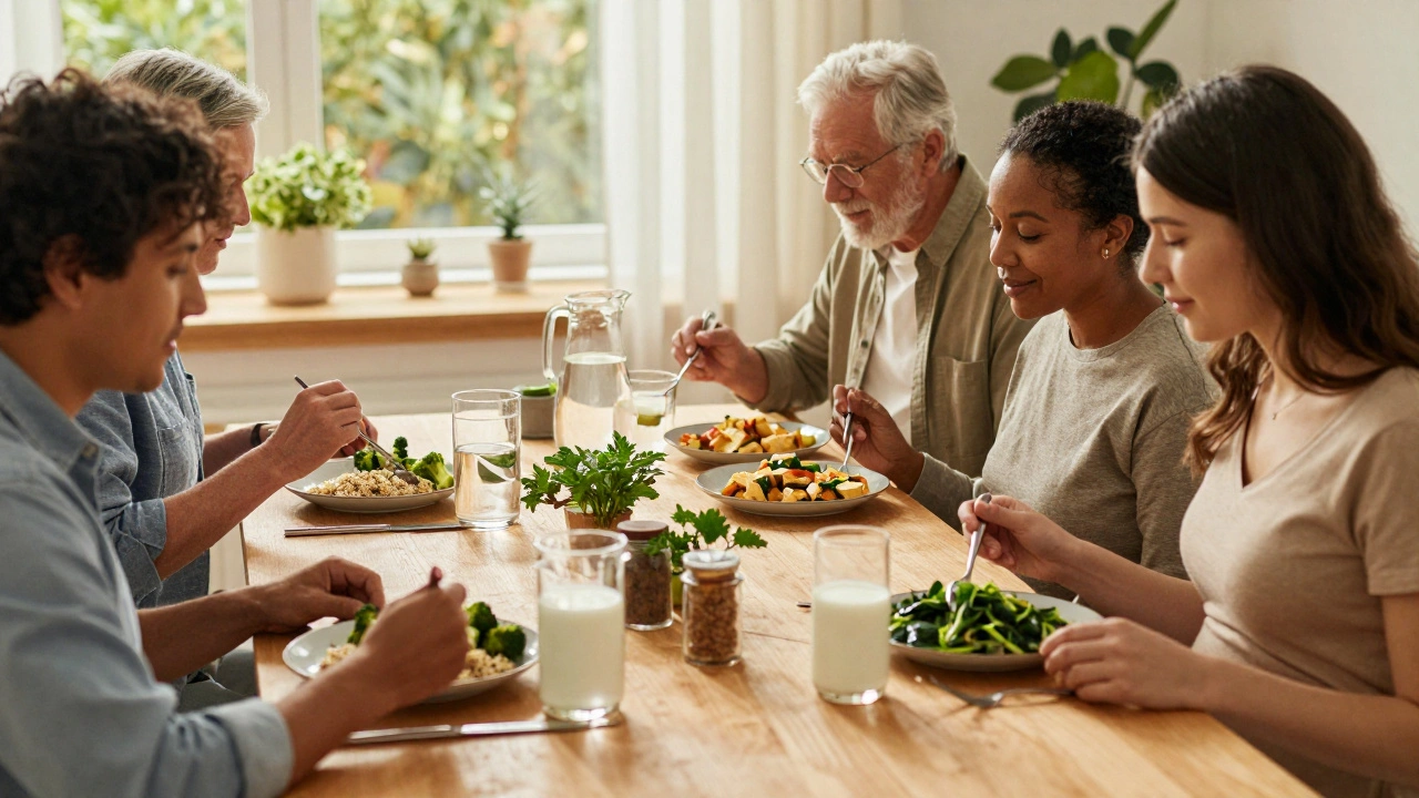 Různé věkové skupiny společně jedí zdravé jídlo: dítě, starší muž a těhotná žena u stolu s vodou a bylinkami.