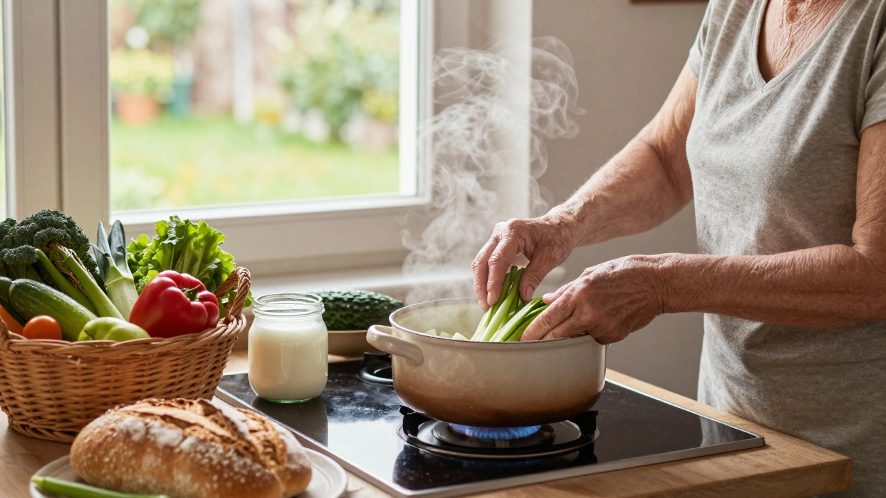 Stará žena připravuje zeleninu na vaření v kuchyni s domácími surovinami na stole.