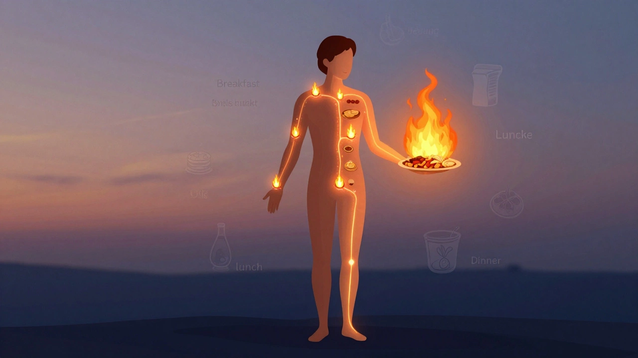 Tělo s energetickou cestou od snídaně k večeři, symbolizující stabilní úroveň energie.