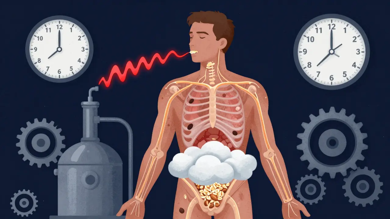 Tělo s hormonálními cestami a hodinou ukazující pozdní večer, symbolizující zpomalení metabolismu.