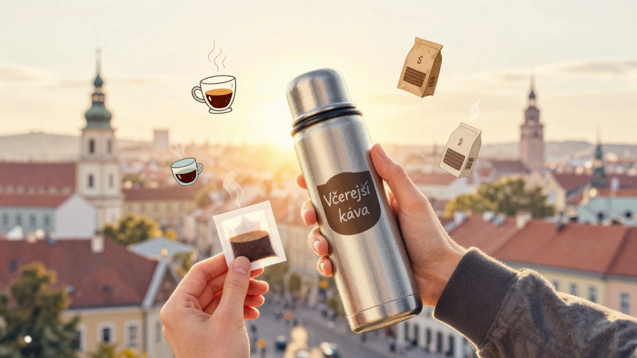Termoska s připravenou kávou a sáček instantní kávy v rukou, město za nimi.