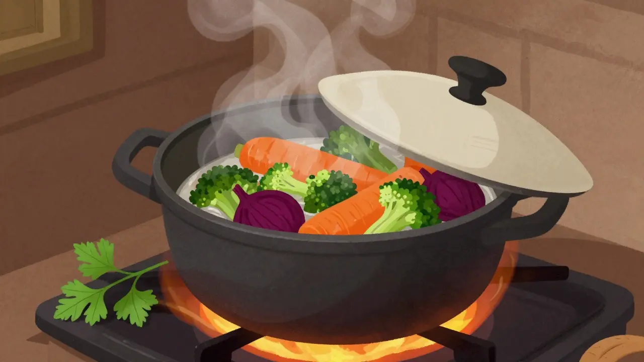 Tradiční hrnec s víkem na sporáku, z nějž se lehce vynořuje pára, uvnitř dušená zelenina.