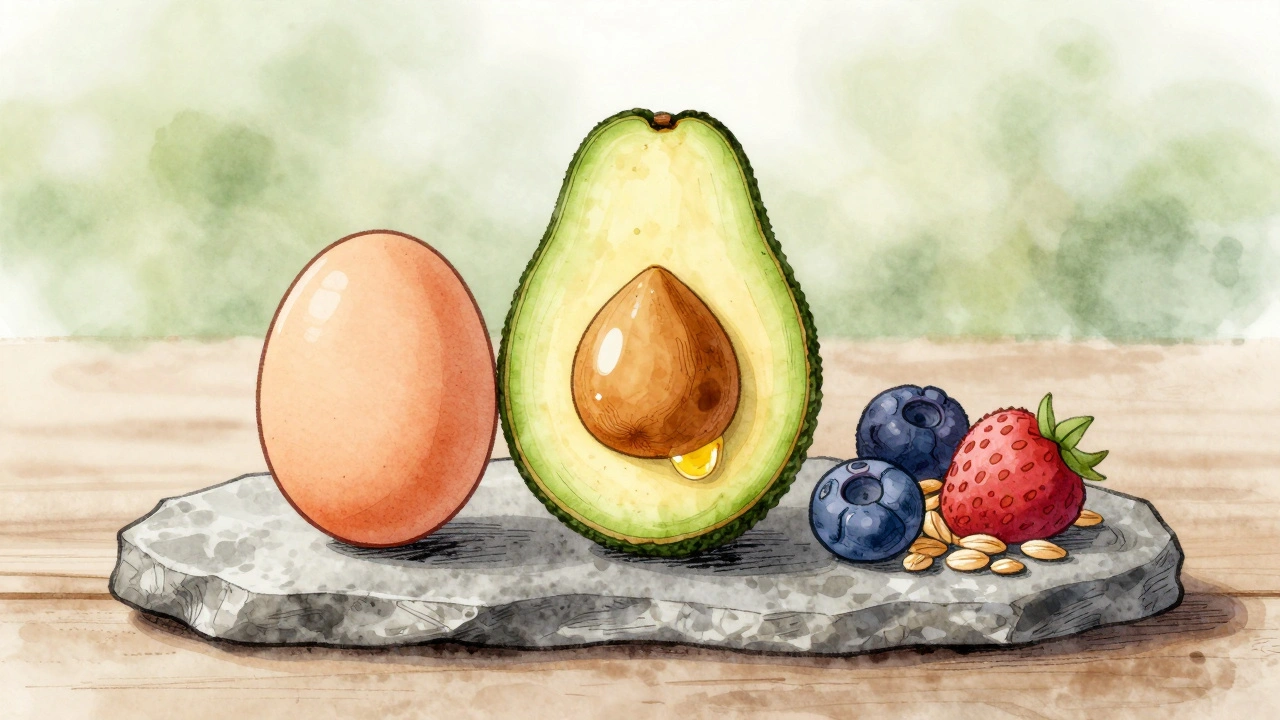 Tři složky zdravé snídaně: bílkoviny, tuky a vláknina v umělecké ilustraci