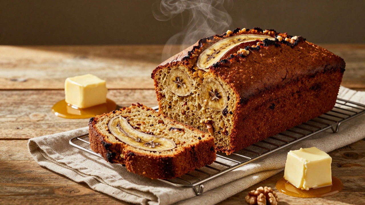 Upečený banana bread na drátové mřížce s kouskem rozřezaným a máslem.