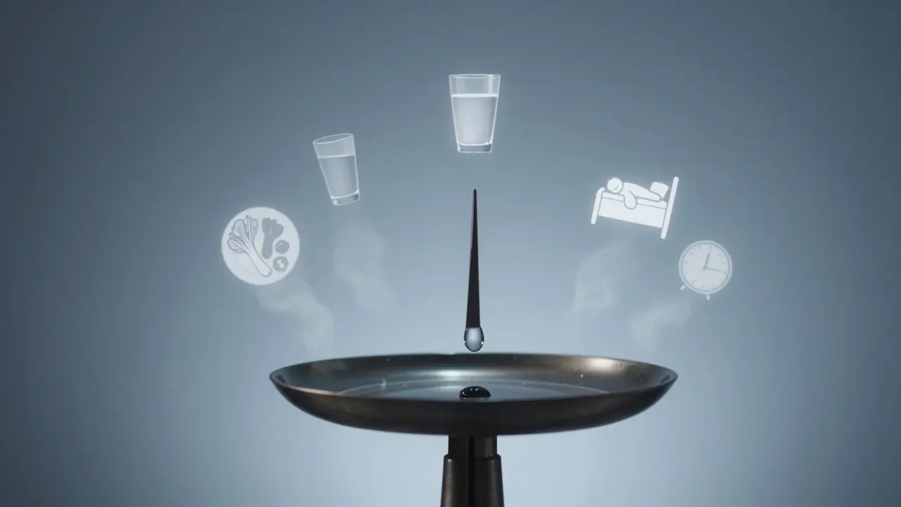 Váha s kapkou vody a symboly zdravého životního stylu.