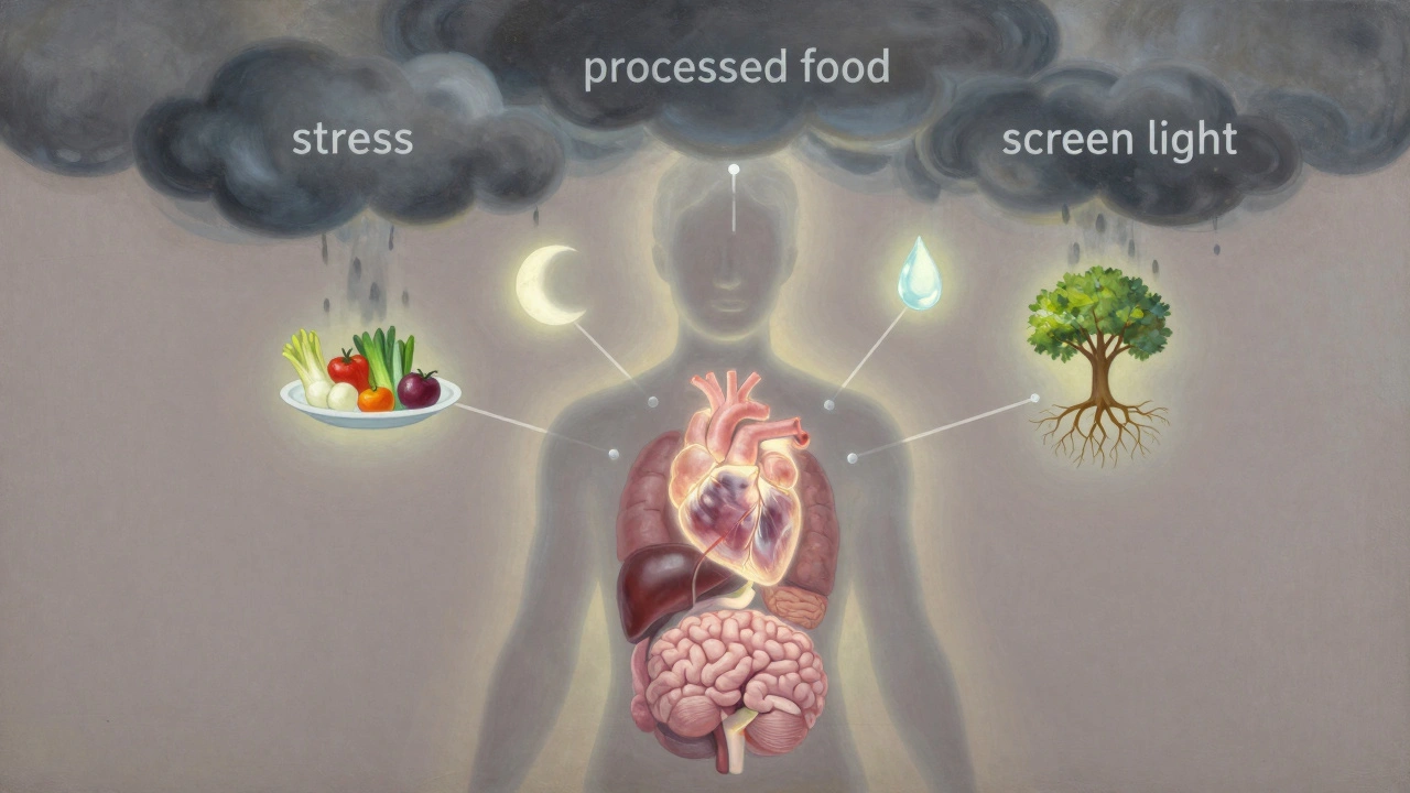 Vnitřní výhled těla s orgány spojenými s jídlem, spánkem a vztahy, zatímco stres a zpracované potraviny mizí.