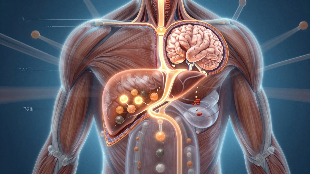 Vnitřní zobrazení lidského těla ukazující přechod z glykogenu na tuky a začínající rozklad svalů po 72 hodinách.