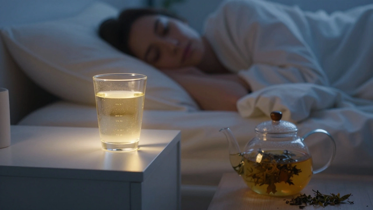 Voda s jablečným ocetem na nočním stolku vedle klidně spící osoby.