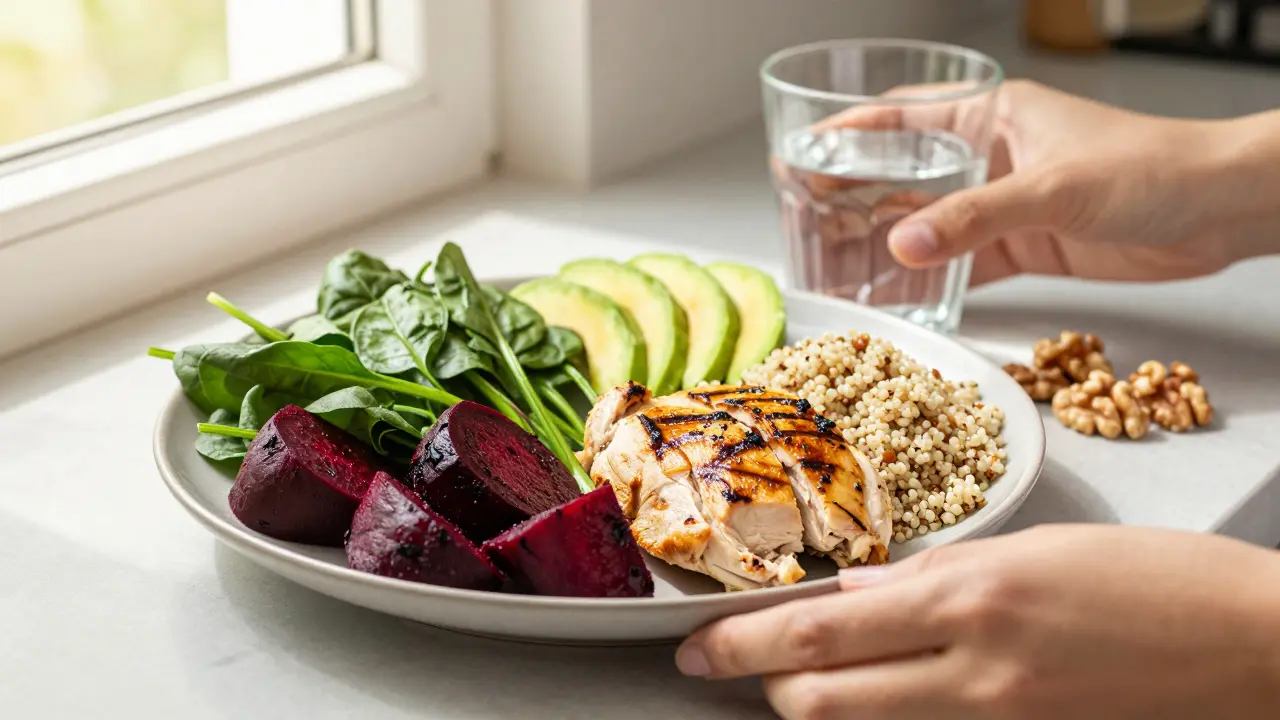 Vyvážený oběd se špenátem, řepou, kuřecím masem a kvínou, zdravá strava napájející energií.