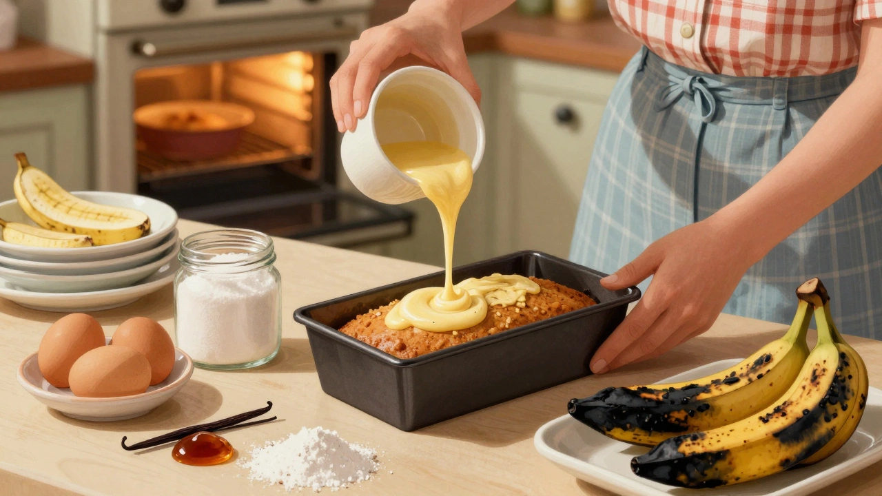 Žena nalévá těsto na banana bread do formy v klasické kuchyni.