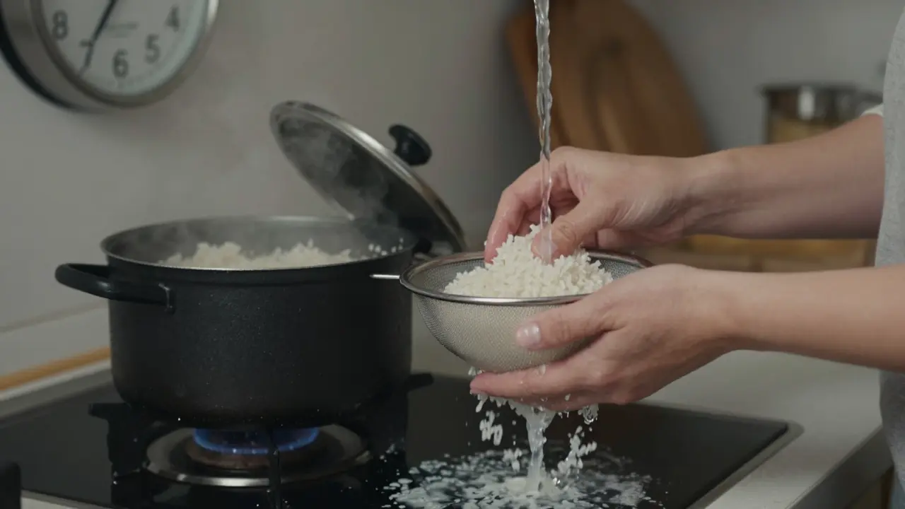 Žena pláchnoucí rýži pod studenou vodou v kuchyni, za ní varící hrnec