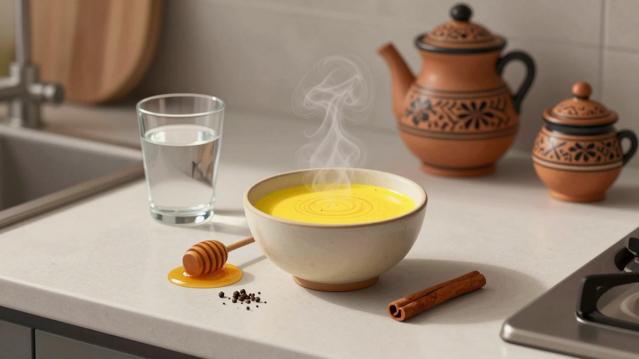 Zlaté mléko s kurkumou a medem na kuchyňském stole večer.