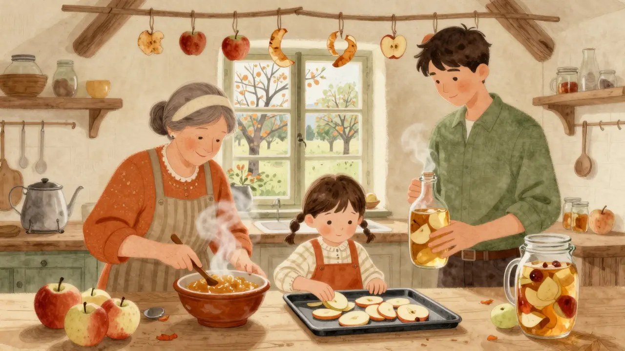 Babička připravuje jablečnou pastu, dítě suší jablka a mladý muž plní láhve s kvasným nápojem.