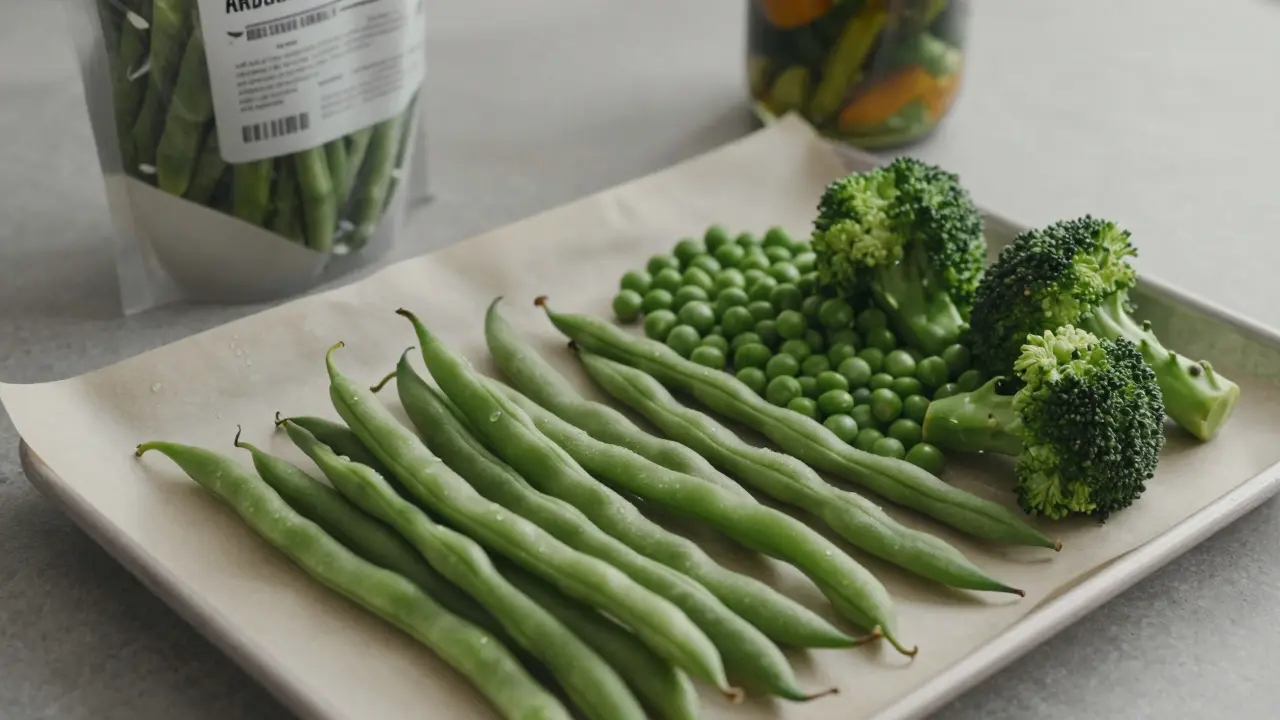 Blanšírovaná zelenina vysychá na plechu připravená k zamrazení.