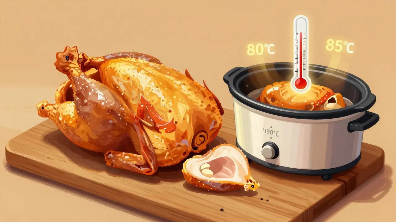 Celé kuře rozdělené na části, které se vaří různými metodami s teplotami v prostoru.