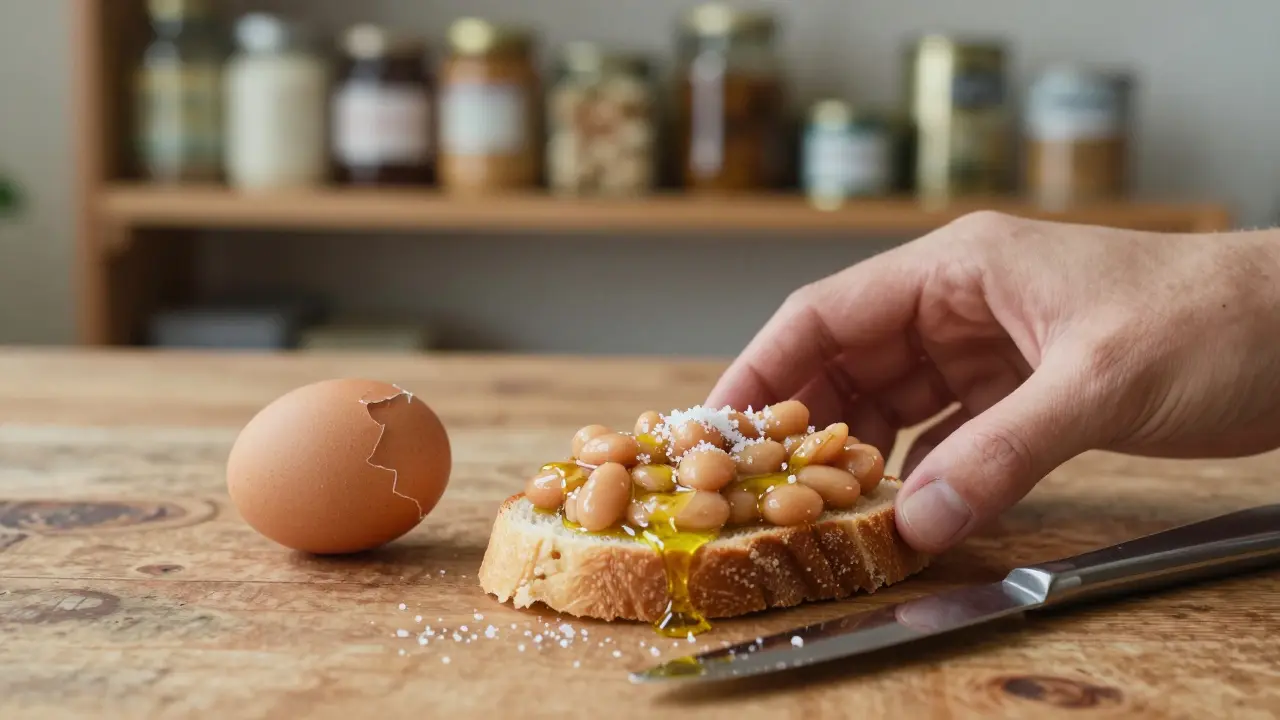 Chléb s rozmačkanými fazolemi a vejcem na dřevěné desce.