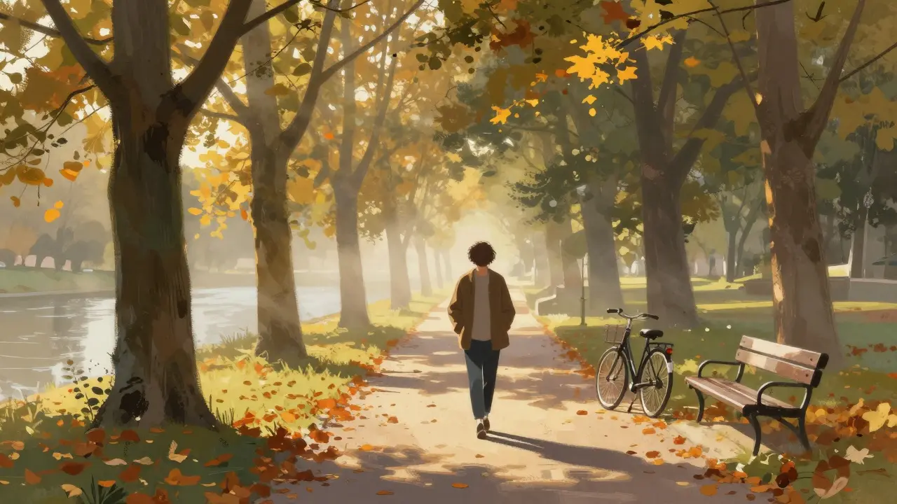 Člověk prochází parkem v Brně při zlaté hodině s viditelnými stromy a řekou