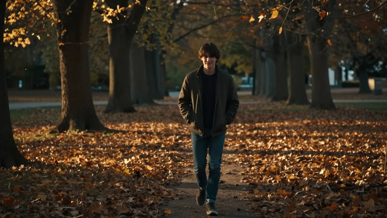 Člověk se klidně prochází v parku večer, bez telefonu, v klidu a přítomnosti.