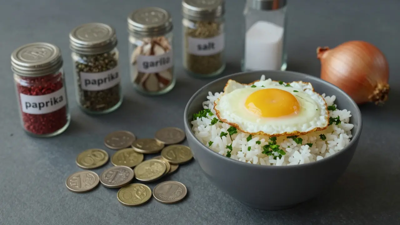 Desetikorunové mince vedle mísy s rýží a smaženým vajíčkem, kolem nich koření.