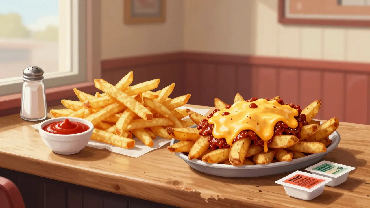 Dva typy amerických brambor: tenké fry a tlusté steak fries s chili a sýrem.