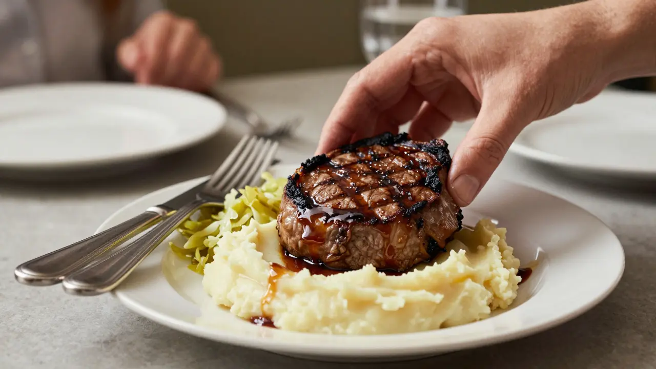 Grilovaná houbová plátky s bramborovým pyré a kyselým zelím.