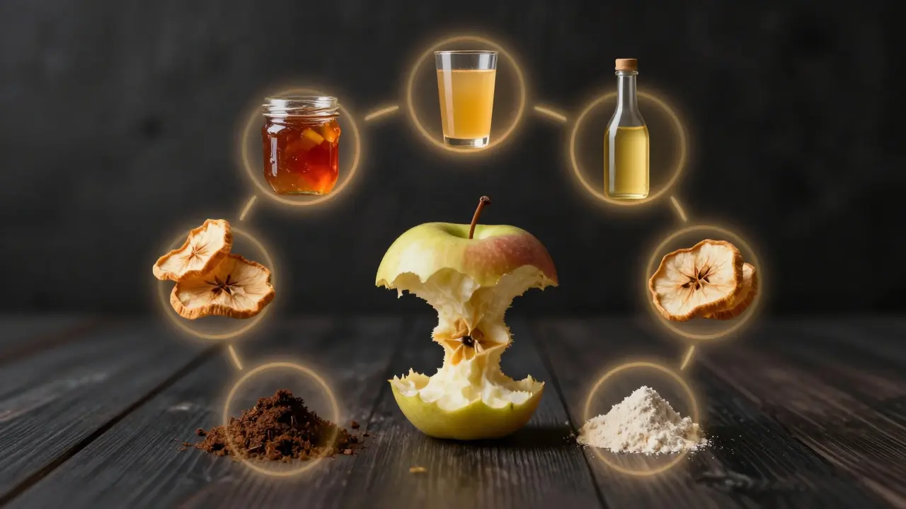 Jádro jablka uprostřed, kolem něj září jeho přeměny: džem, ocet, sušenky a prášek.