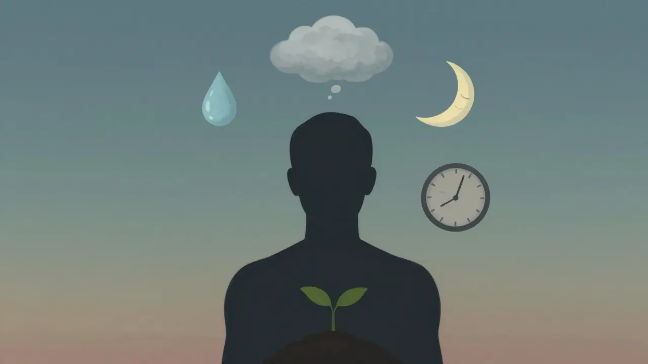 Kontemplativní silueta s symboly zdravého životního stylu v tichém záři