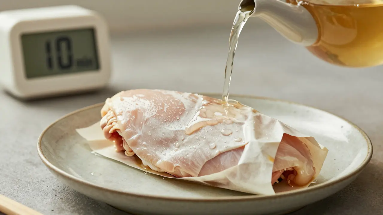 Kuřecí maso zakryté mokrým papírem, odpočívá s kapkami kondenzace, teploměr v pozadí.