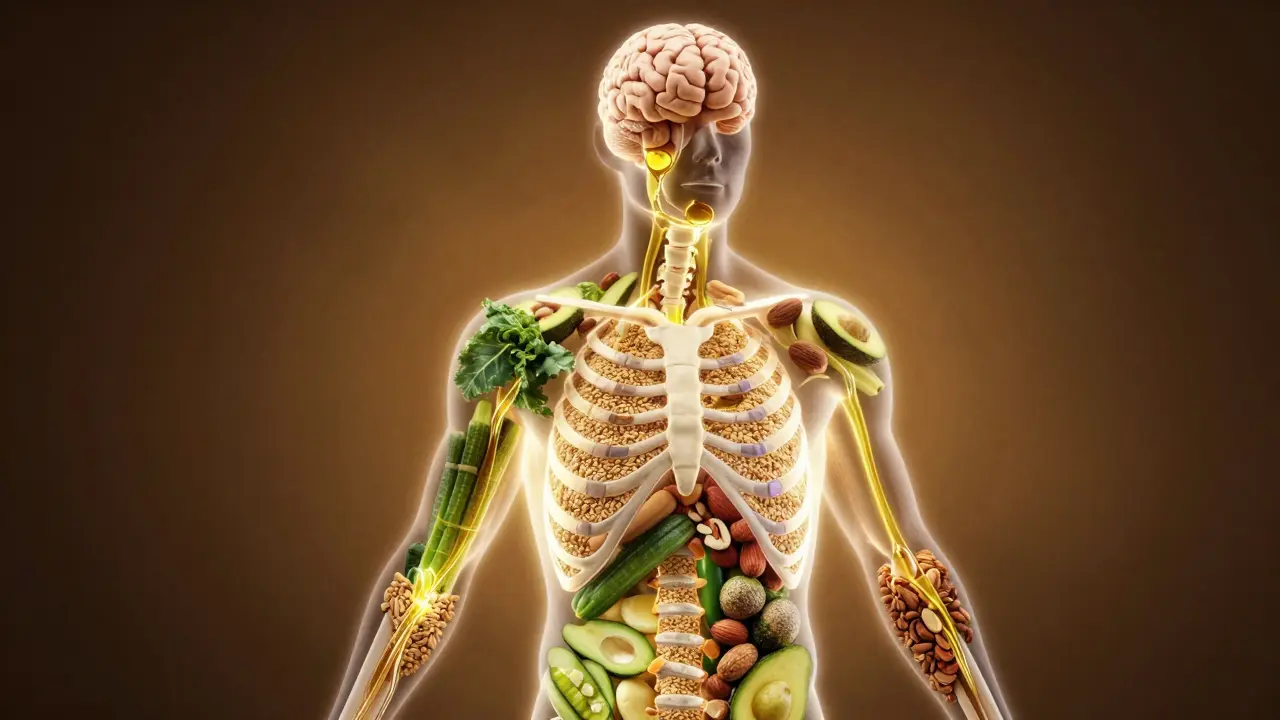  lidské tělo složené ze zdravých potravin, které vyzařují energii