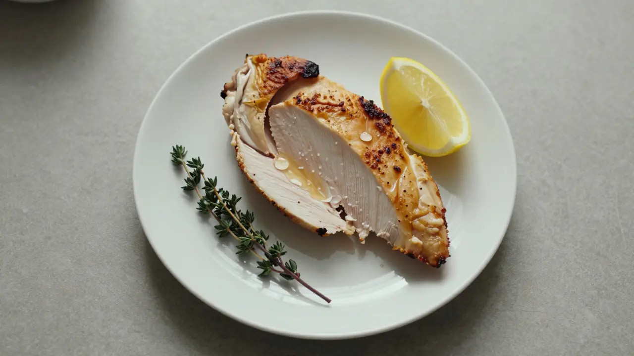 Nařezané kuřecí maso s šťavnatým vnitřkem a citronem na talíři.