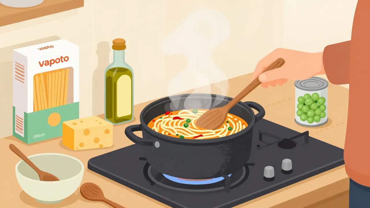 Nudle vařené na plynové troube s konzervou hrášku a sýrem.