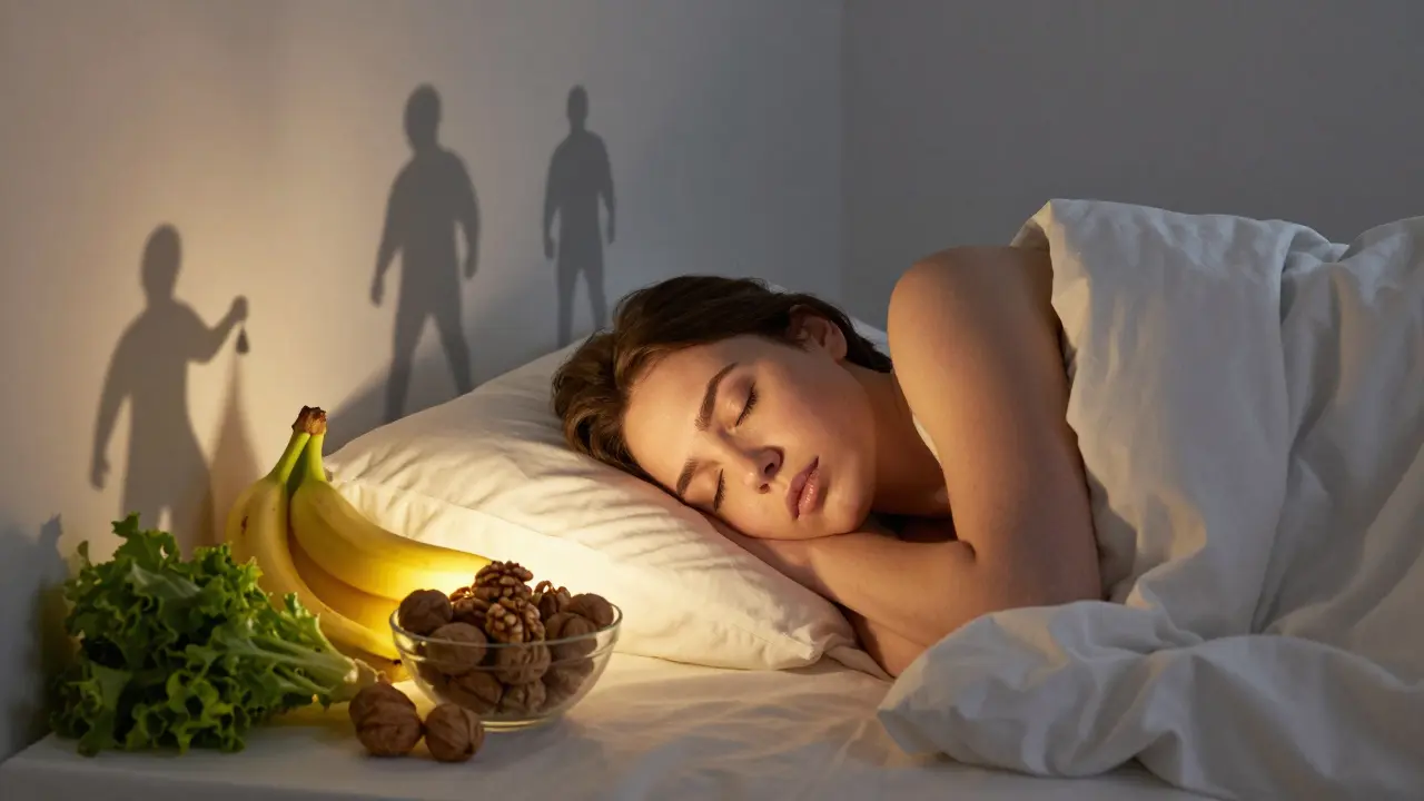 Osoba hluboce spící, s potravinami podporujícími spánek vedle postele.