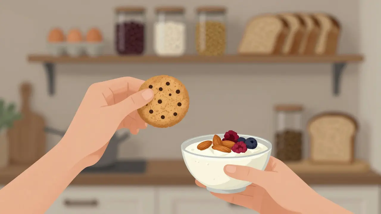 Osoba místo sladké svačiny volí ořechy a jogurt s borůvkami