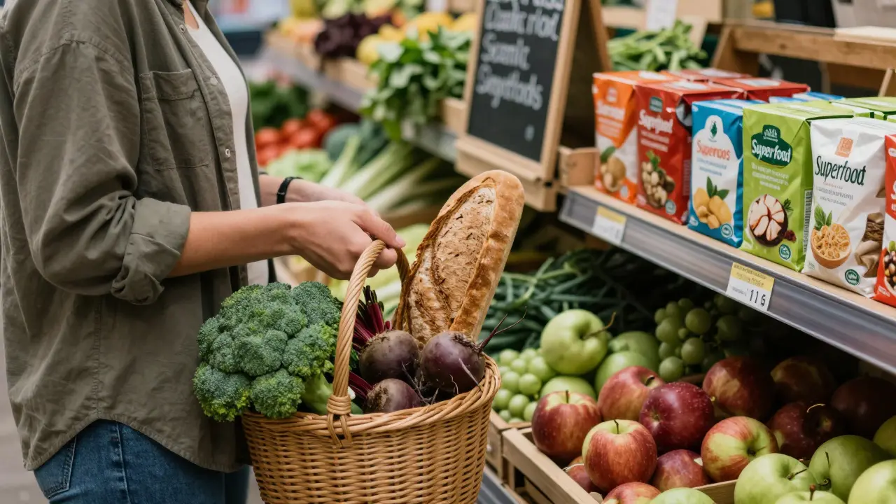 Osoba vybírá čerstvé zeleninu na trhu, ignoruje balené potraviny