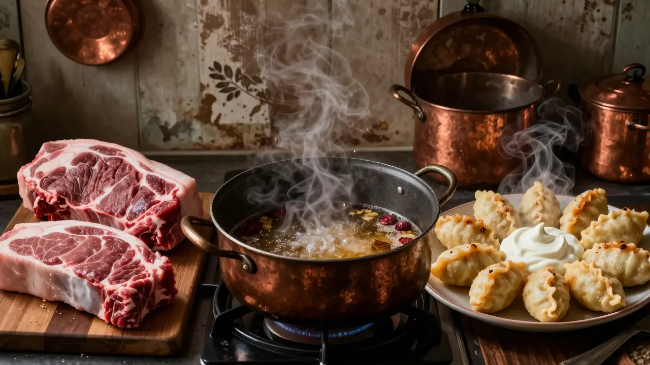 Přechod surového masa na dušené maso s knedlíky, symbolizující pomalý proces přípravy.