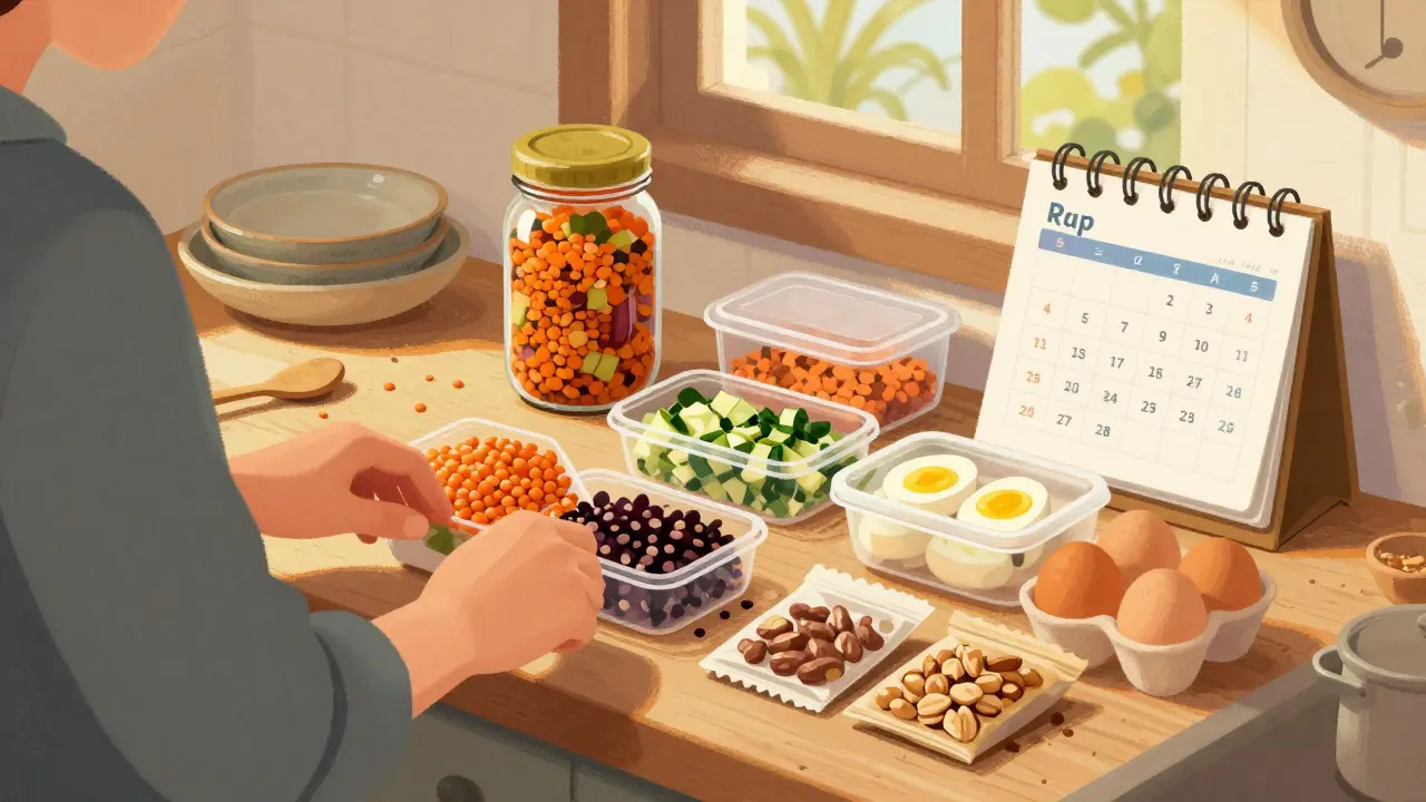 Příprava jídel na týden v kuchyni: vařené čočky, nakrájená zelenina a ořechy v kontejnerech