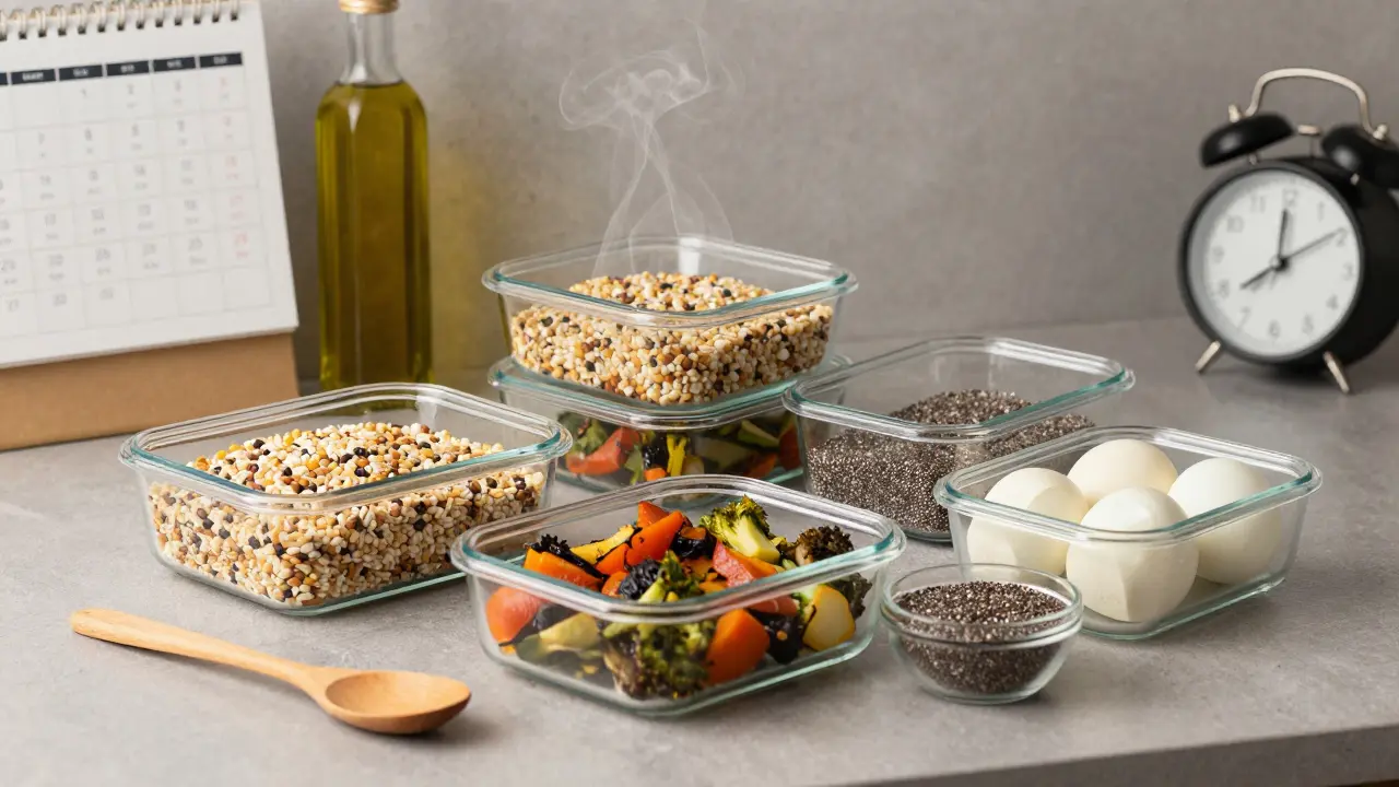 Připravené nádoby s jídlem na týden: celozrnné obiloviny, zelenina, luštěniny a ořechy na kuchyňském stole.