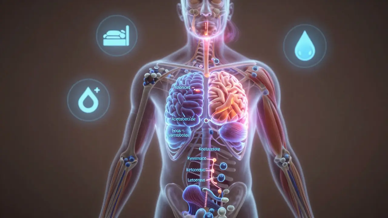 Průhledné tělo s viditelnými metabolickými cestami přeměny tuků na ketony.