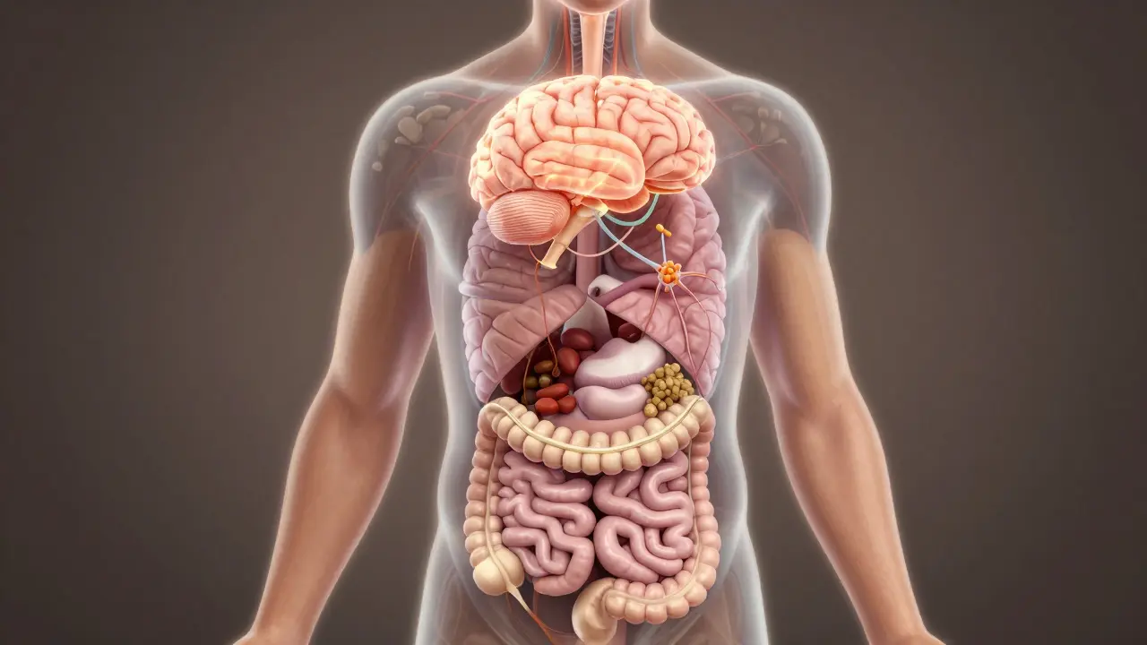 Průhledný lidský tělo s aktivními systémy podporovanými přirozenými potravinami.