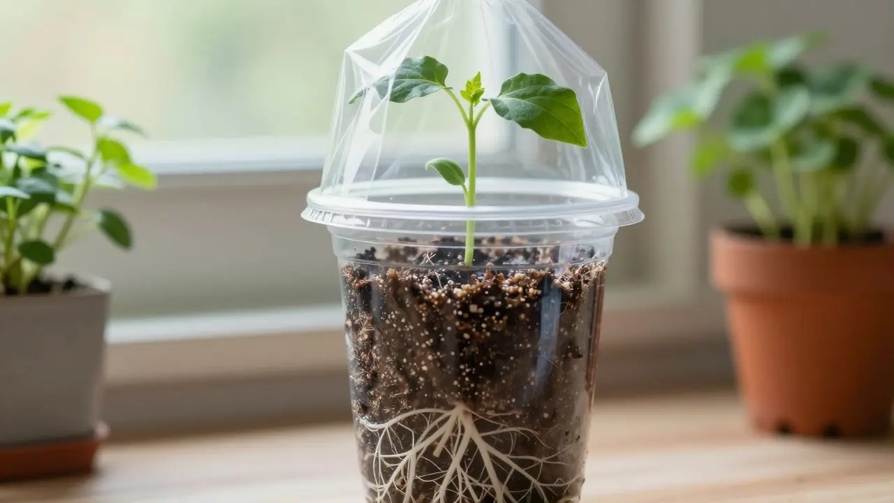 Řízek s vyrůstajícími kořínky v nádobě s pokrytím, přecházející do mladé rostliny s novými listy.