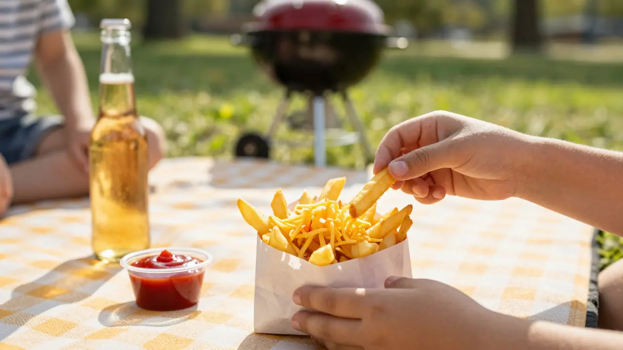 Rodinný piknik s fry v pytlíku, ketchupem a sýrem na trávě za dne.