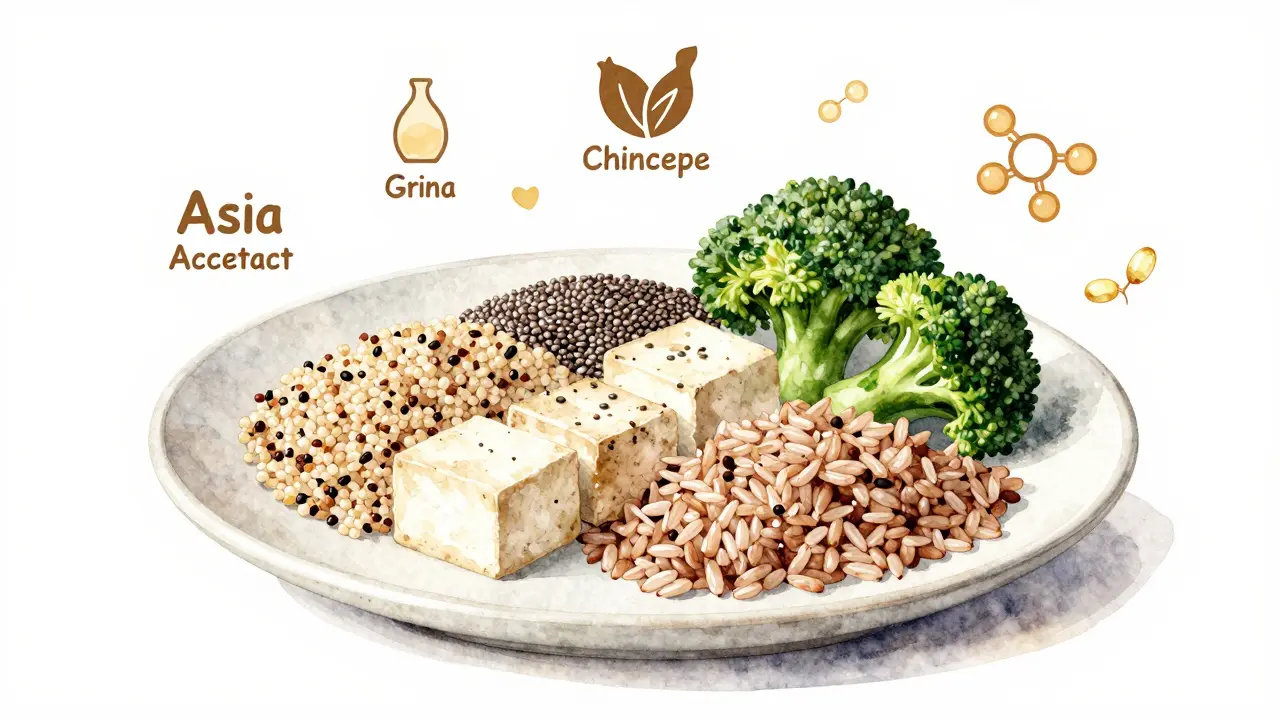 Rostlinná mísa s quinou, tofu a chia semínky symbolizující kompletní bílkovinu.