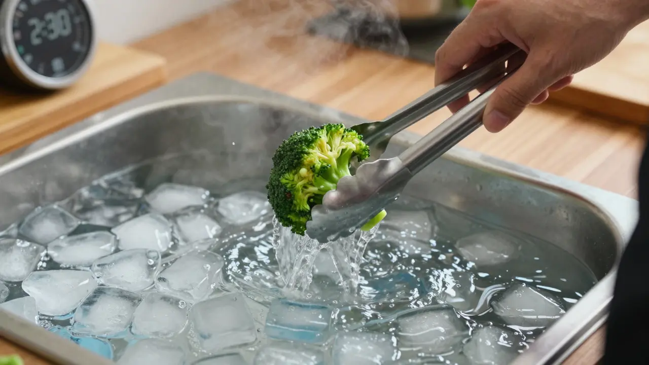 Ruce přenášejí brokolici z vařící vody do ledu.