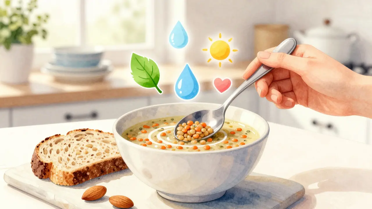 Ruka s lžící v čočkové polévce, vedle celozrnný chléb a ořechy, s ikonami zdraví ve vzduchu.